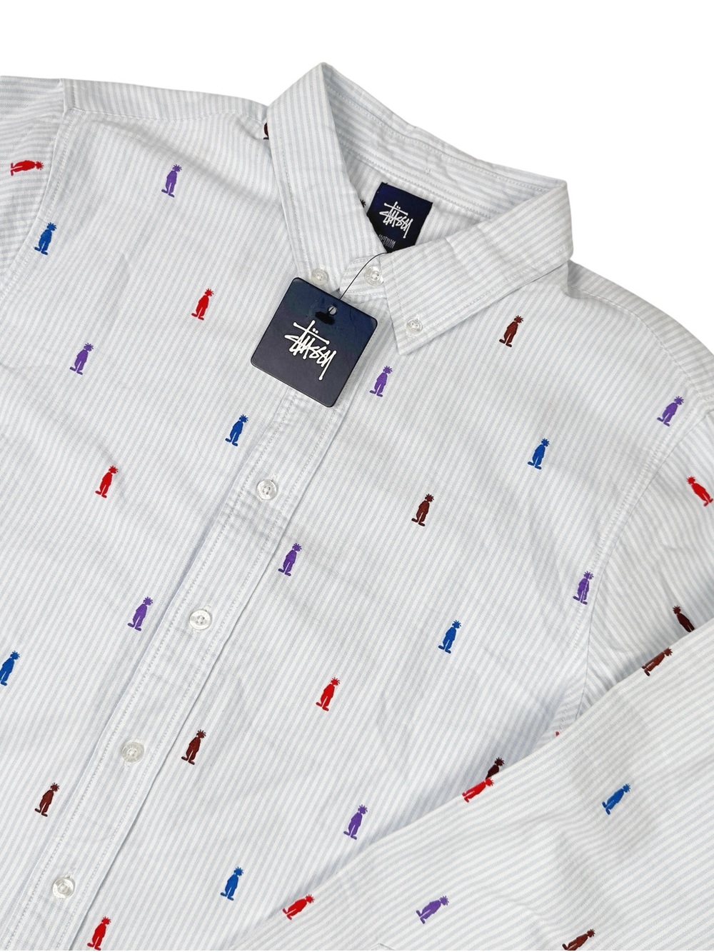 Stussy King Oxford Striped Button Down Shirt Mens Medium Long Sleeve Light Blue